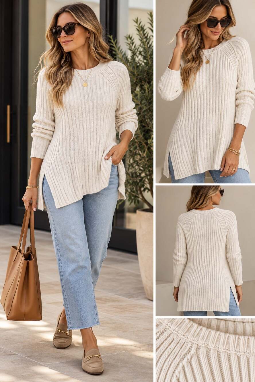 Eileen Fisher Organic Linen Cotton Ribbed Tunic Sweater Ivory M Quiet Luxury